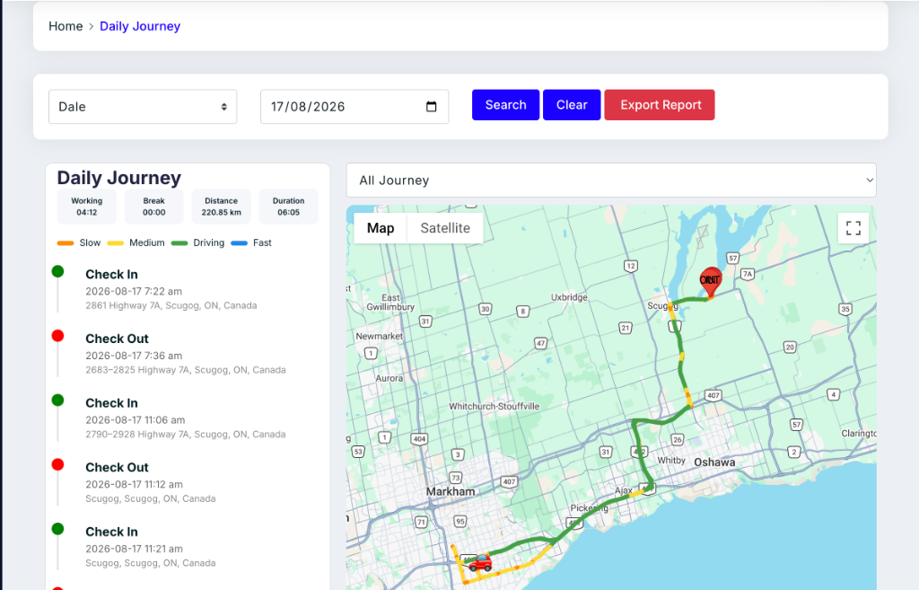 moveX Web CRM Daily Journey GPS Route Tracking Map