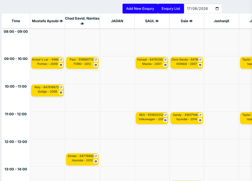 moveX Web CRM Driver Schedule & Dispatch Matrix Grid