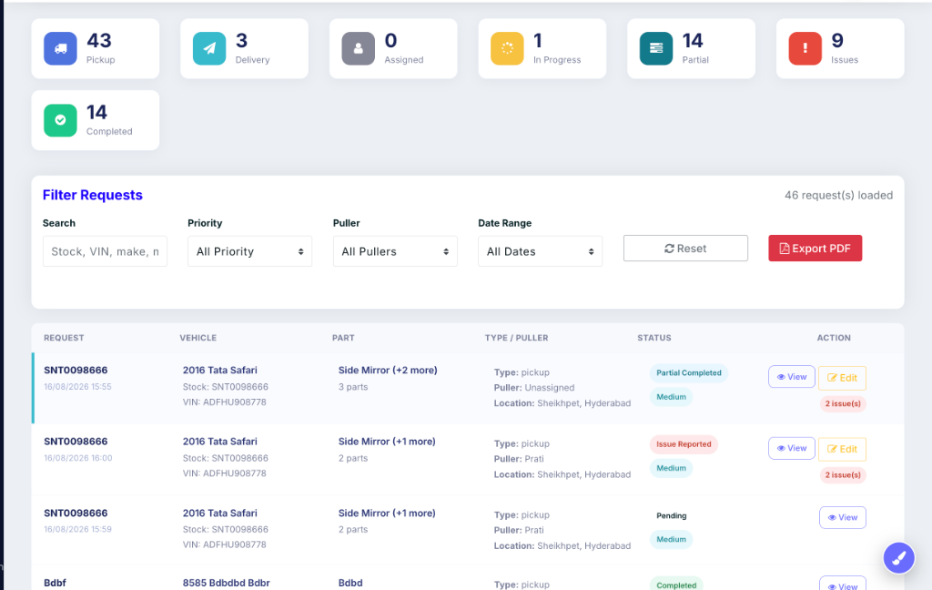 moveX Web CRM Part Pulling Dashboard