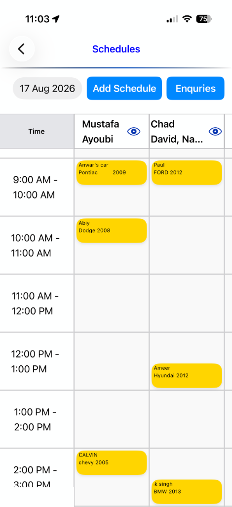 moveX Mobile Driver Schedule Shift Grid