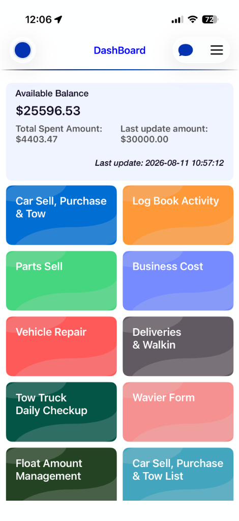moveX Mobile App Main Dashboard showing available float balance and quick action modules