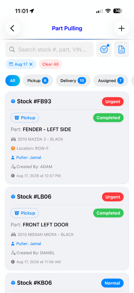 moveX Mobile Part Pulling Job List